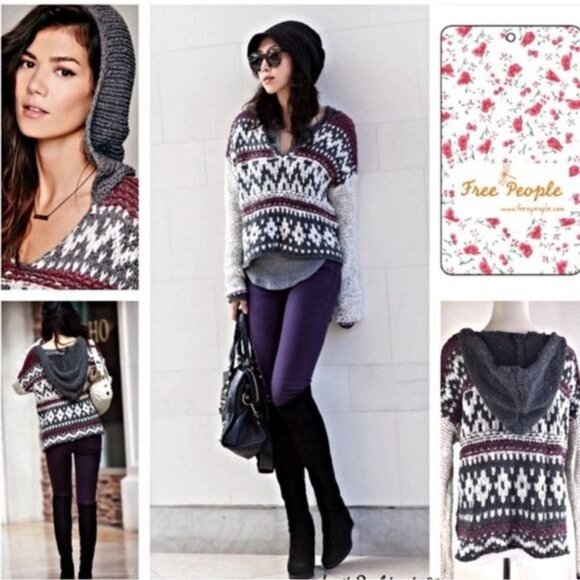 NWT Free People Chunky Knit Fair Isle Hooded Sweater - Picture 8 of 12